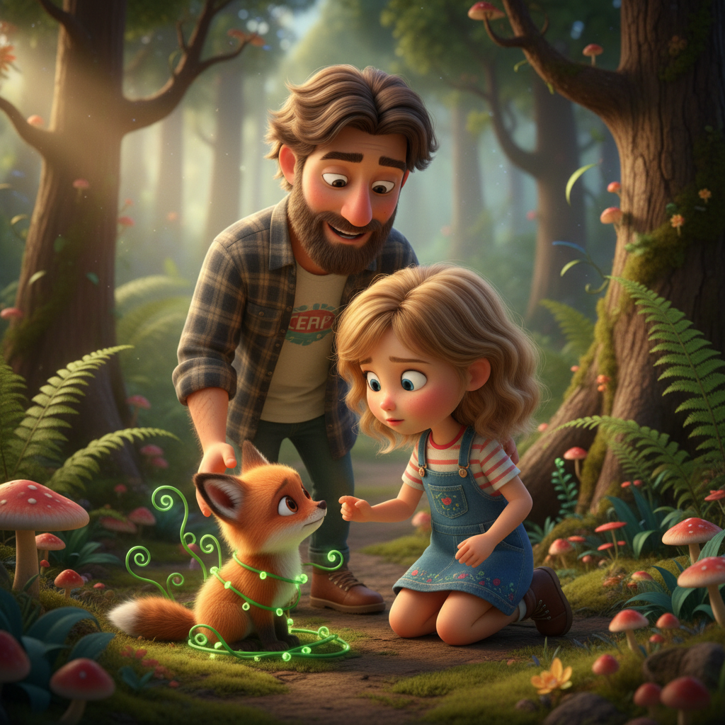 Fireflies blinked on as Maya and her dad walked along the stream. Then Maya heard a little cry. Under a big oak tree, a baby fox was stuck in some old vines. Its orange fur was shaking, and its big eyes looked up at her, scared and hoping for help.